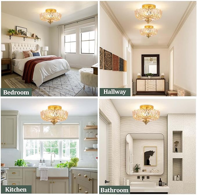 Semi Flush Mount Ceiling Light,Vintage Ceiling Light 9.44 Inch E26 Small Amber Glass Ceiling Lighting for Living Room Kitchen Bedroom Hallway 3 Light(Bulb Not Included)