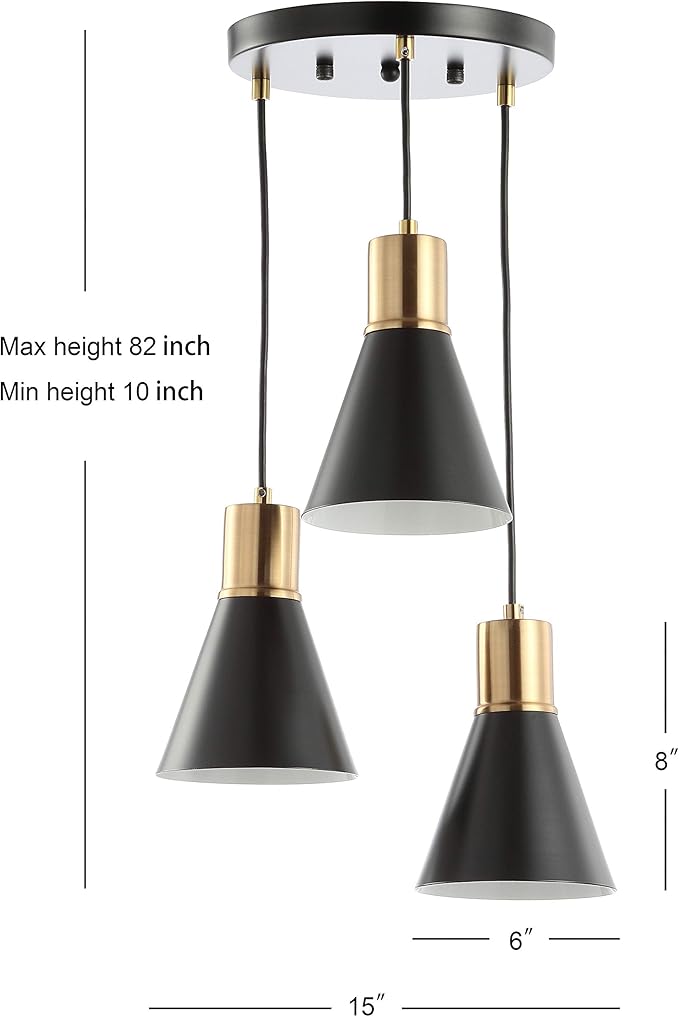 JONATHAN Y 15" Black/Brass Gold Apollo Mid-Century Modern Iron LED Pendant, Black Metal Shade, Adjustable Hanging Ceiling Light for Kitchen Island, Hallway, LED Bulb Included (JYL6133A)