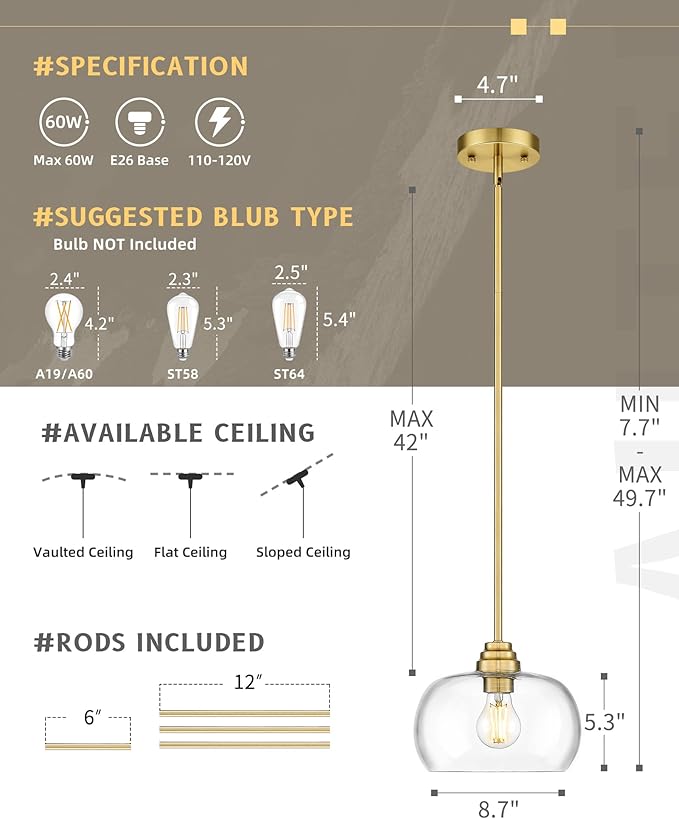 AUTELO 2 Pack Gold Pendant Lights, Glass Pendant Lights Kitchen Island with Clear Drum Glass, Industrial Pendant Ceiling Lights with Adjustable Rods for Kitchen Dining Room Bar, H9385 BG-R-2PK