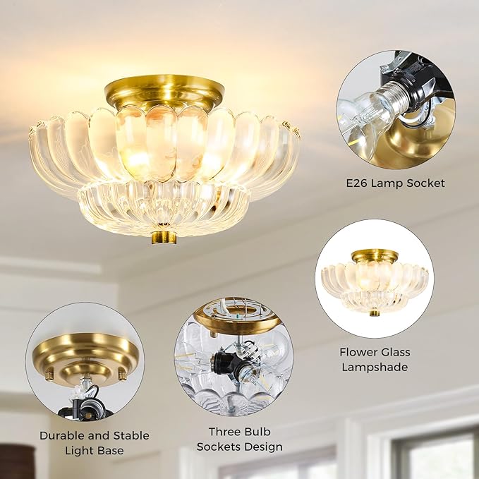 Semi Flush Mount Ceiling Light Fixture Vinatge Gold Ceiling Lights Mid Century Modern Clear Glass Close to Ceiling Lighting Fixtures for Bedroom Hallway Foyer Bathroom Kitchen Laundry Room Nursery