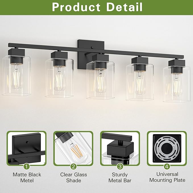 Espird 5 Light Bathroom Vanity Light - Matte Black Bathroom Light Fixtures Square Design & UL Certification, 31 Inch Black Bath Room Lighting Fixtures Over Mirror for Living Room & Bedroom & Restroom