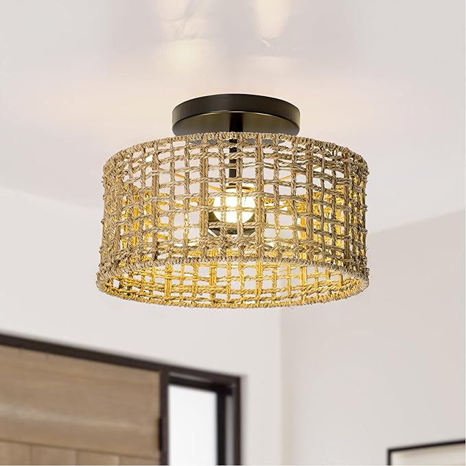 Bohemian Rattan Semi-Flush Ceiling Light, 12-inch 3-Light Handwoven Pendant with Natural Fiber Shade, Vintage Farmhouse E26 Fixture for Bedroom Kitchen Entryway (Retro Design, LED Bulb Compatible)
