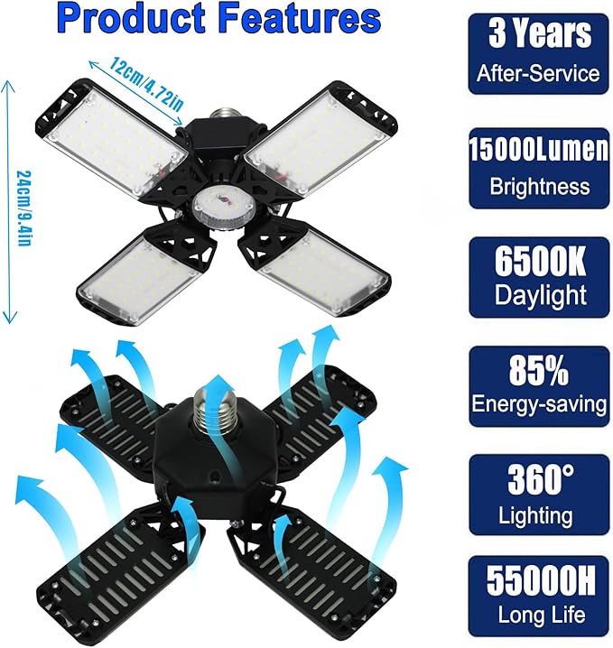 150W LED Garage Light 4Pack, 4+1 Adjustable Panel, 15000 Lumen Daylight Garage Lighting