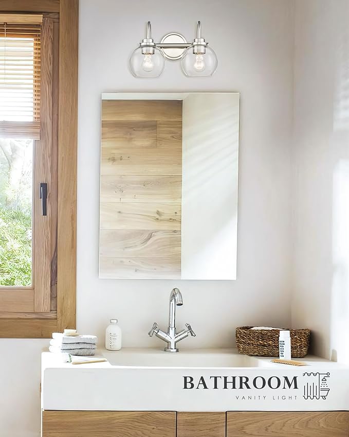 2-Light Bathroom Light Fixtures, Brushed Nickel Vanity Light with Globe Clear Glass Shade, Modern Vanity Lighting Fixtures Over Mirror, AD-22280-2W-SN