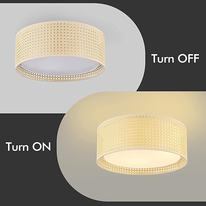WINGBO 15.7" Modern 3-Light Flush Mount Ceiling Light Fixture with Rattan & Fabric Double Drum Shade for Bedroom Living Room Dining Room Hallway Entryway, Khaki