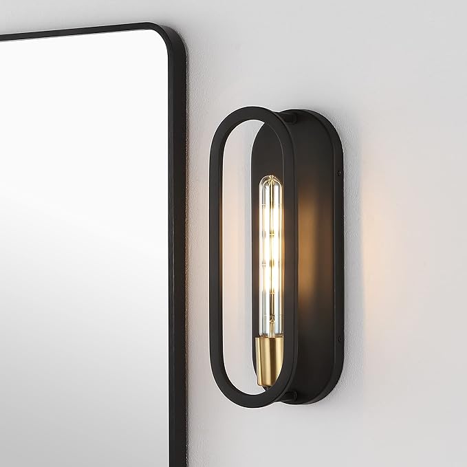 JONATHAN Y 4.75" Black/Brass Gold LED Wall Sconce, 1-Light Mid-Century Lamp for Bathroom Vanity, Bedroom, Hallway, Dimmable Bohemian Metal Fixture, LED Bulb Included (JYL9917B)