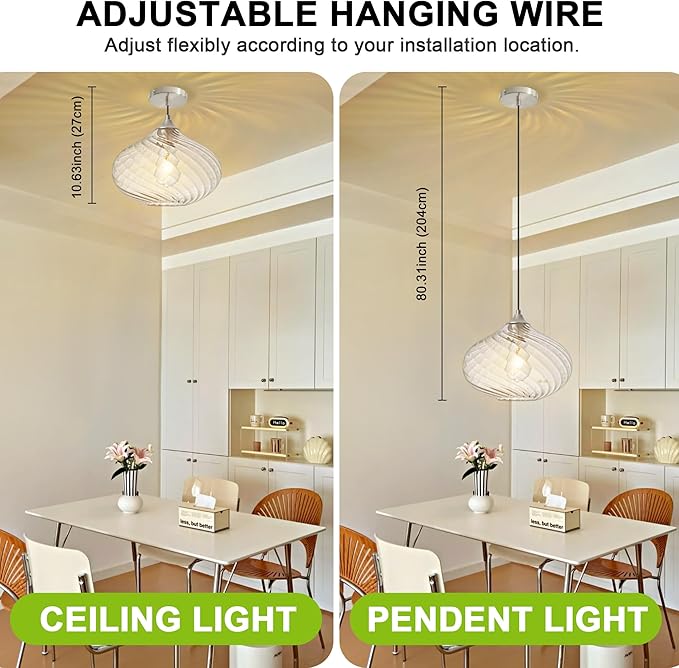 Glass Pendant Lights Kitchen Island, 11'' Brushed Nickel Pendant Lighting Fixtures, Modern Hanging Ceiling Light With Striped Clear Glass Shade for Farmhouse Dining Room Bedroom Hallway(1 Pack)