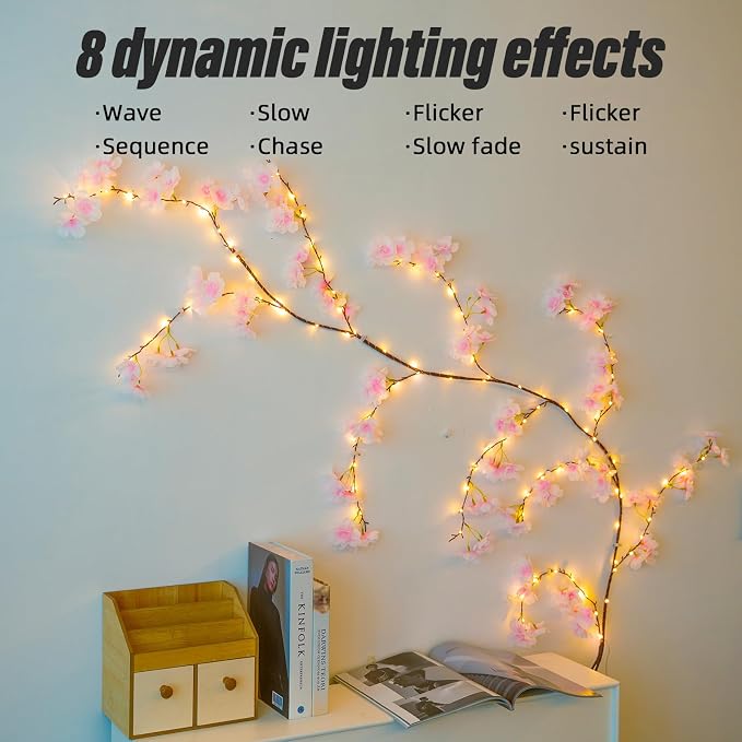 100 LED Cherry Blossom Lights, 5.9ft Fairy Lights for Bedroom, 8 Flashing Modes Cherry Blossom Branches, for Mantel, Wedding, Party and Christmas Decoration.