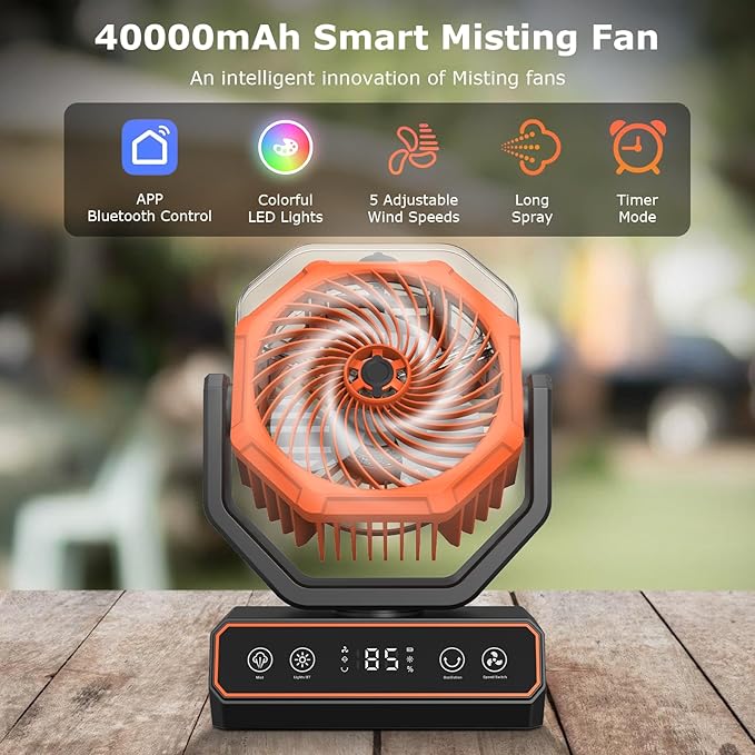 Misting Fan Portable,Personal Fan with Smart APP Remote Control,40000mAh Rechargeable Battery Powered Desk Fan with RGB Lights,Timer,5 Speed Mister Fan for Travel,Camping,Tents,Beach,Office,Outdoor