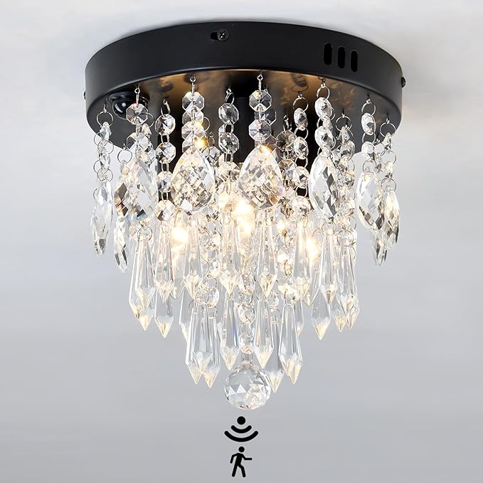 YYJLX Indoor Motion Sensor Ceiling Light Modern Crystal Chandelier Black Mini Flush Mount Light Fixture for Hallway Closet Porch Hall Front,3 Light E12.