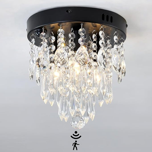 YYJLX Indoor Motion Sensor Ceiling Light Modern Crystal Chandelier Black Mini Flush Mount Light Fixture for Hallway Closet Porch Hall Front,3 Light E12.