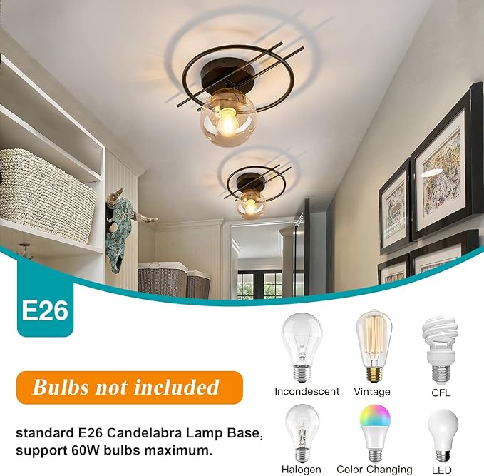 Matte black & gold finish Semi Flush Mount Ceiling Light Fixture Mid Century Modern Chandelier with Glass Globe Small Indoor Lighting for Kitchen Hallway Bathroom Bedroom Closet Farmhouse Proch.