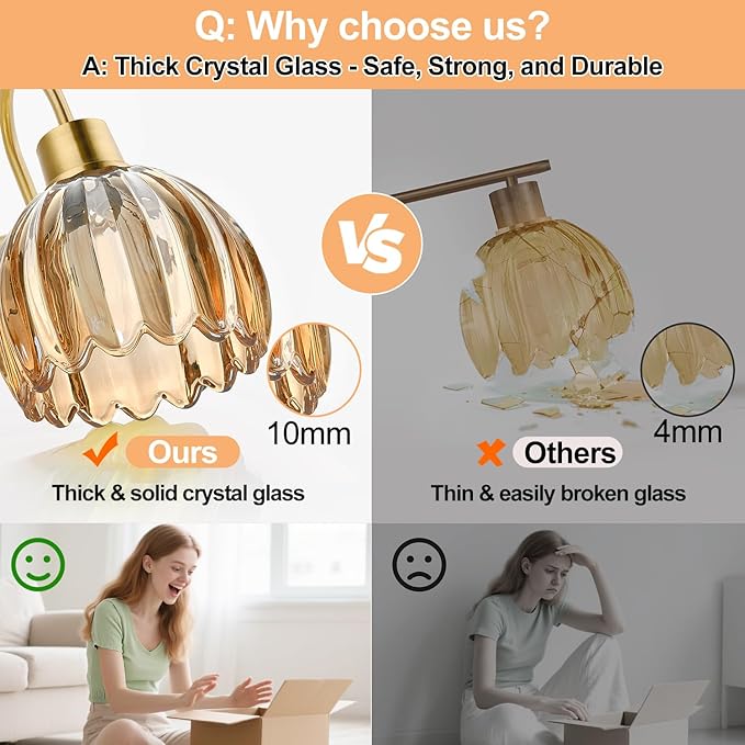 Bathroom Light Fixtures, 3-Light Brushed Gold Vanity Lights for Bathroom with Ribbed Amber Tulip Glass Shade, 20 in Bathroom Vanity Lights Over Mirror for Bedroom, Living Room, Hallway