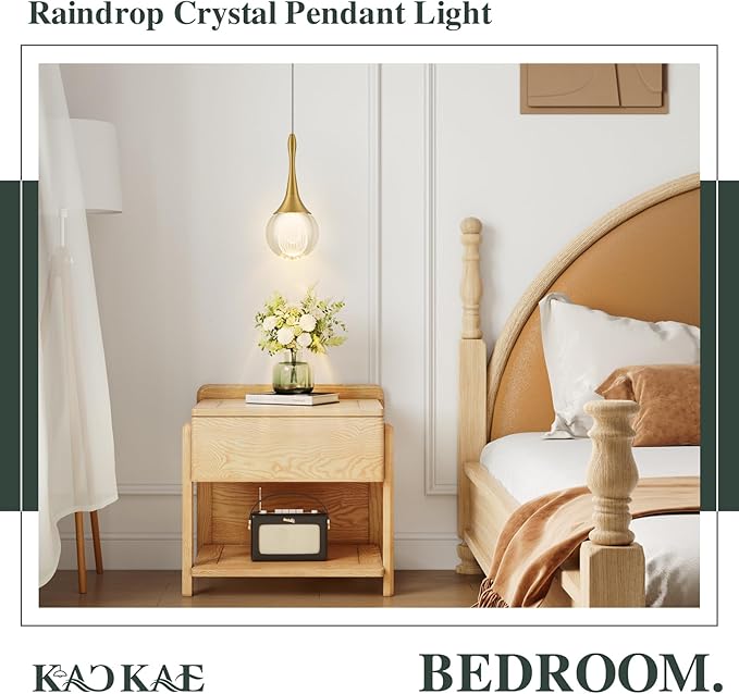 LED Pendant Light Kitchen Island Raindrop Crystal Pendant Lights Dimmable Gold Modern Hanging Light for Bedroom Bathroom Living Room 3000K Warm White, 3 Pack