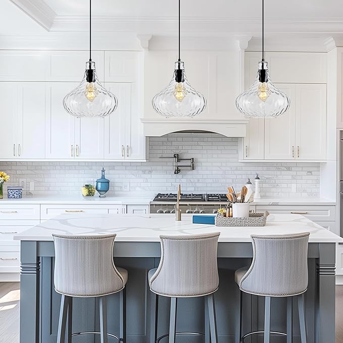 11 Inch Kitchen Island Pendant Light – Blown Glass Hammered Shade & Black Finish – Modern Hanging Ceiling Light for Dining Room, Sink, Hallway, Living Room – E26 Base
