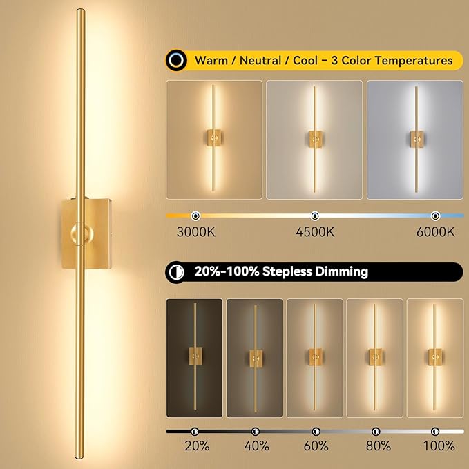 Ouyulong Battery Operated Wall Sconces Set of 2, 10000mAh Wireless Rechargeable 3000-6000K Dimmable 350° Rotate Wall Light with Remote for Living Room, Bedroom 23.6in Gold
