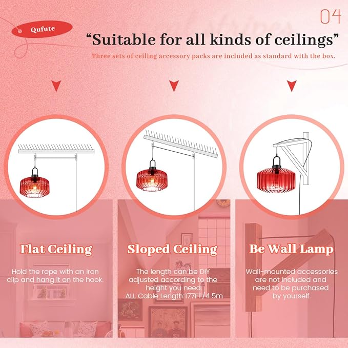 Hanging Plug in Light Mid Century Pendant Light with 11" Red Striped Glass Globe Shade Plug in Pendant Lights for Ceiling Bedroom Vintage Hanging Lamp with 14.7 ft Cord On/Off Switch