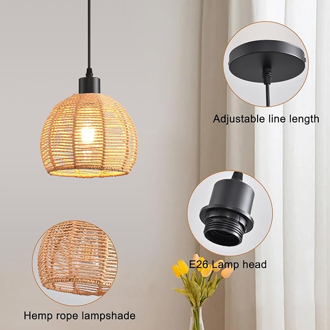 Woven Pendant Light Boho Chandelier, Rattan Pendant Lights Kitchen Island, Farmhouse Pendant Lighting with Hand Woven Wicker Shade, Boho Chandelier Light Fixtures Ceiling Hanging Light