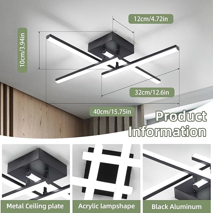 ElDISUNY Modem LED Ceiling Light, 24w Black Sputnik Ceiling Light, 6500K Cool White Flush Mount Ceiling Light Fixture for Bedroom Hallway Living Room Dining Room Coridor Kitchen