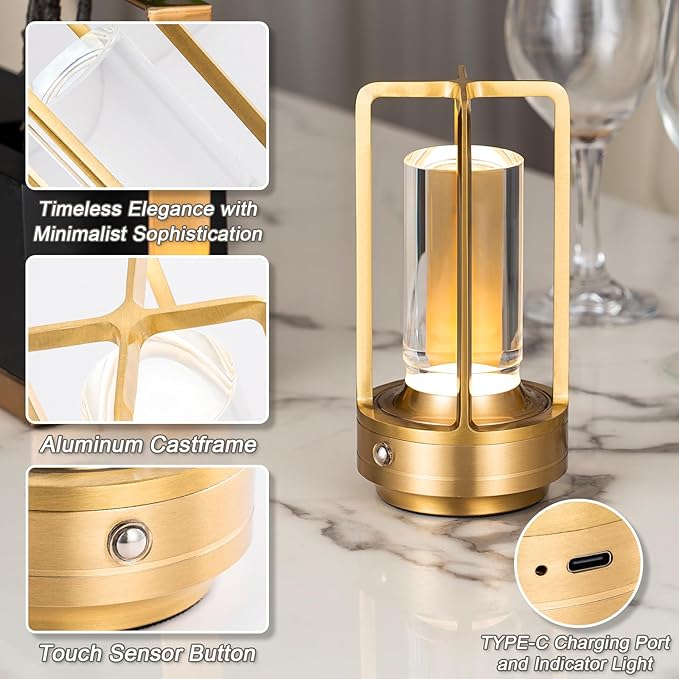 Rechargeable Table Lamp Cordless, 3 Color | Crystal | Stepless Dimming, for Bedroom, Cafe, Camping, Bar, Dining Table, Restaurant, Gold (2 Pack)