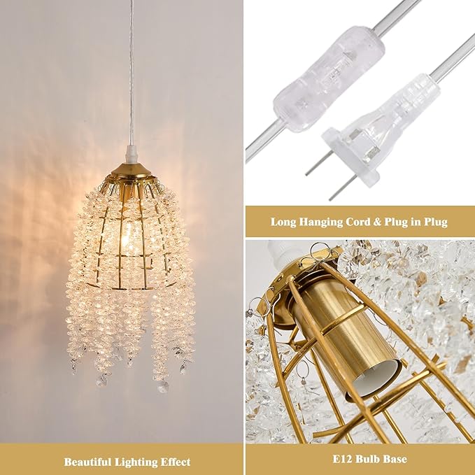 Surpars House Elegant Mini Chandelier Plug in Crystal Pendant Light,Golden (Plug in Style B)