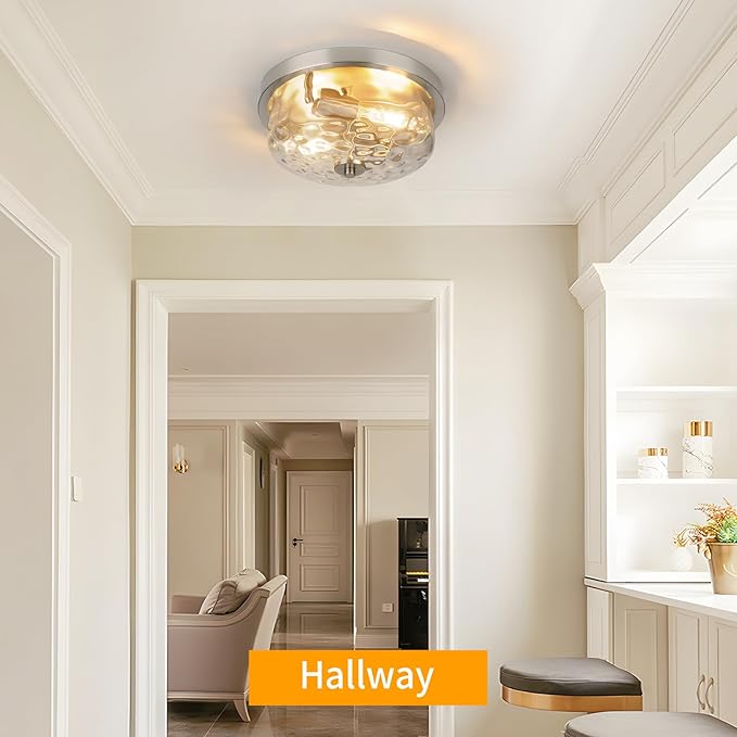Brushed Nickel Flush Mount Light, Kitchen Ceiling Fixture with Water Ripple Glass Shade, 2-Light Outdoor Porch Flush Mounts for Hallway, Foyer, Entryway, Bathroom