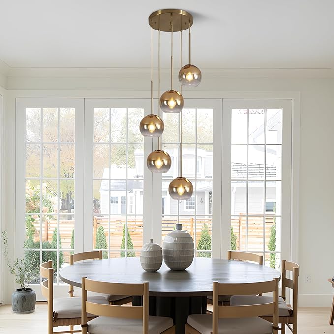 KCO Lighting 5 Light Cluster Pendant Lighting Gold Glass Pendant Light Mid Century Modern Dining Room Light Fixture Small Globe Cluster Chandelier Light Fixture