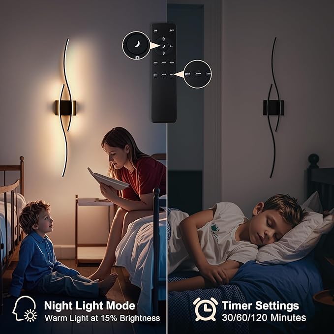 KARTOOSH Battery Operated Wall Sconces Set of Two with Remote Control, Dimmable/3 Color/Night-Light/Timer/Memory, Black Modern Wireless LED Sconce for Living Room, Hallway, Bedroom, 39.3 Inch (2 Pack)