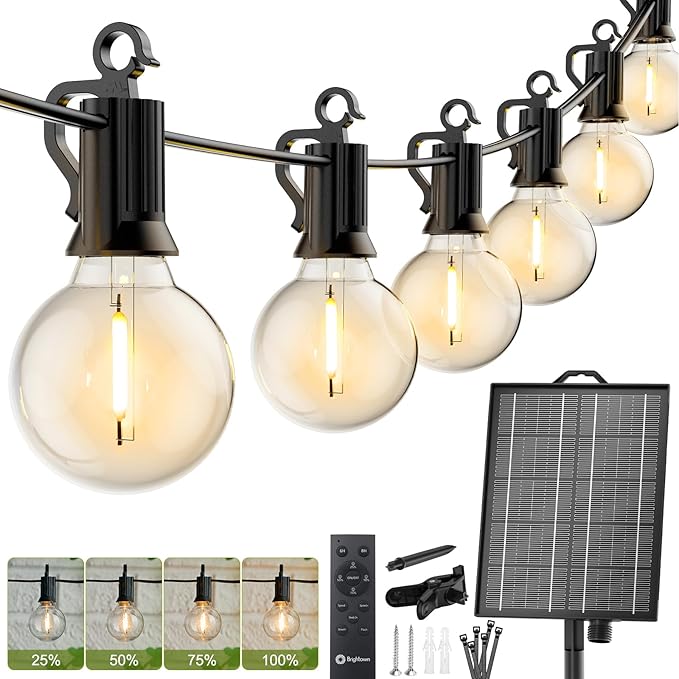 Brightown Solar String Lights Outdoor Waterproof with Remote, 106FT Solar Patio Lights with 33 LED Shatterproof Bulbs, 3 Light Modes, Dimmable & Timer, Solar Hanging Lights for Backyard Party Decor