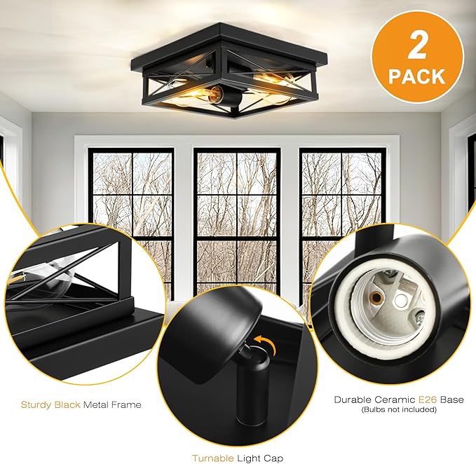 Black Flush Mount Ceiling Light 2 Pack Industrial Fixtures 2-Light Farmhouse Vintage Metal-Framed Ceiling Light for Hallway Foyer Kitchen Bedroom Living Room Laundry