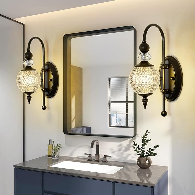 Vintage Black Wall Sconce with Acrylic Globe Shade Indoor Wall Light for Bathroom Bedroom Hallway Farmhouse