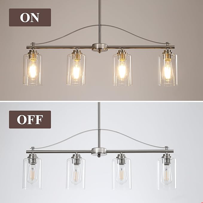 Island Light for Kitchen, 4-Light Linear Chandelier Pendant Lighting for Kitchen Island, Brushed Nickel Dining Room Light Fixture Over Table with Clear Glass Shades