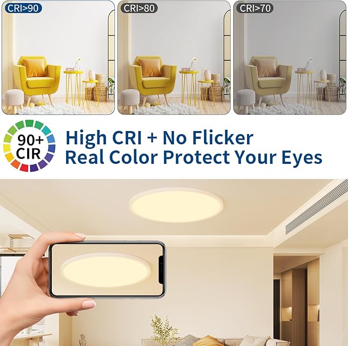 24 Inch Large Led Flush Mount Ceiling Light Fixture, Ultra Thin, Dimmable, 3000K/4500K/6000K, 48W, 4800LM, Modern, White, for Bedroom, Kitchen, Dining Room, Living Room, Home Office, Laundry Room