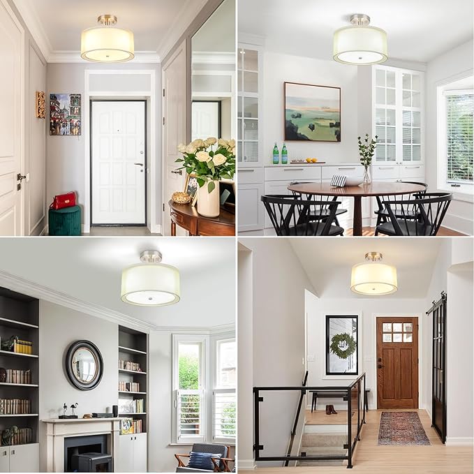 FOLKSMATE Semi Flush Mount Ceiling Light Fixture, Gold 3-Light Drum Light with Double Fabric Shade, Modern Close to Ceiling Lamps for Living Room, Bedroom, Dining Room, Kitchen, Hallway, Entry, Foyer