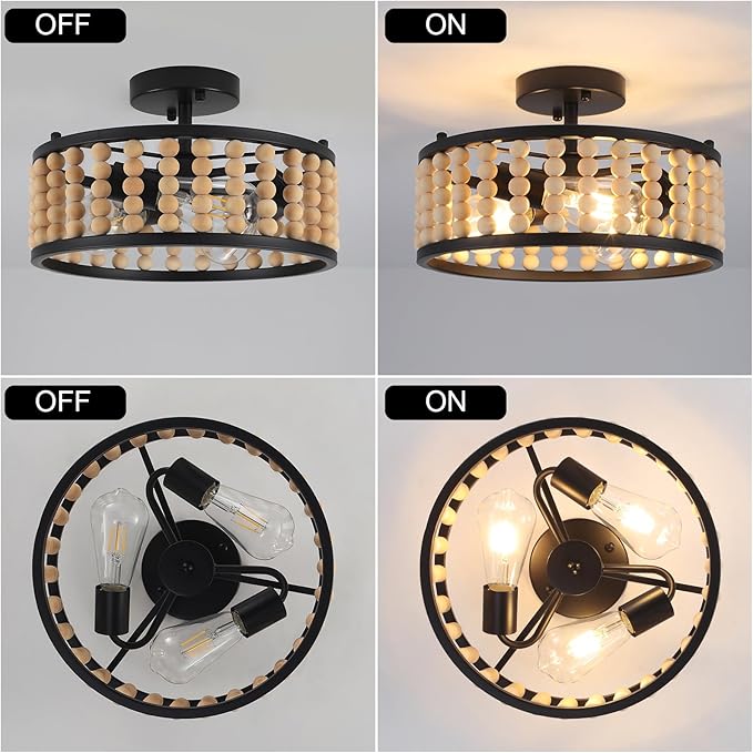 Luupyia Wood Bead Ceiling Light 3Lights, 12.79Inches Vintage Boho Ceiling Light Fixture Small Chandeliers Semi Flush Mount Mid Century Retro Overhead Lighting for Bedroom Foyer Hallway, E26
