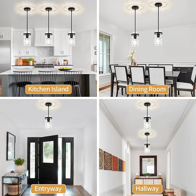3 Pack Black Pendant Lights Kitchen Island, Modern Hammered Glass Kitchen Pendant Lighting Over Island Hanging Bathroom Light Fixtures Adjustable Pendant Light for Hallway Entryway Dining Room