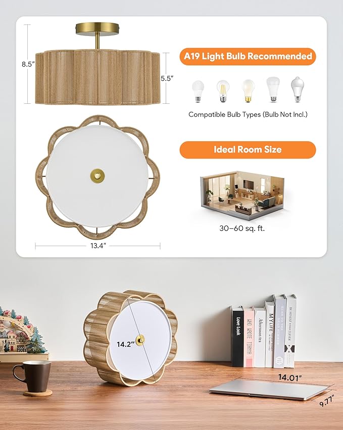 VONLUCE Semi-Flush Mount Boho Ceiling Light, 13.4" 3-Light Rattan Ceiling Light Fixture with 2 Tier Rattan Fabric Petal Shade, Lighting for Bedroom Dining Living Room, Gold Finish, ETL Certificated