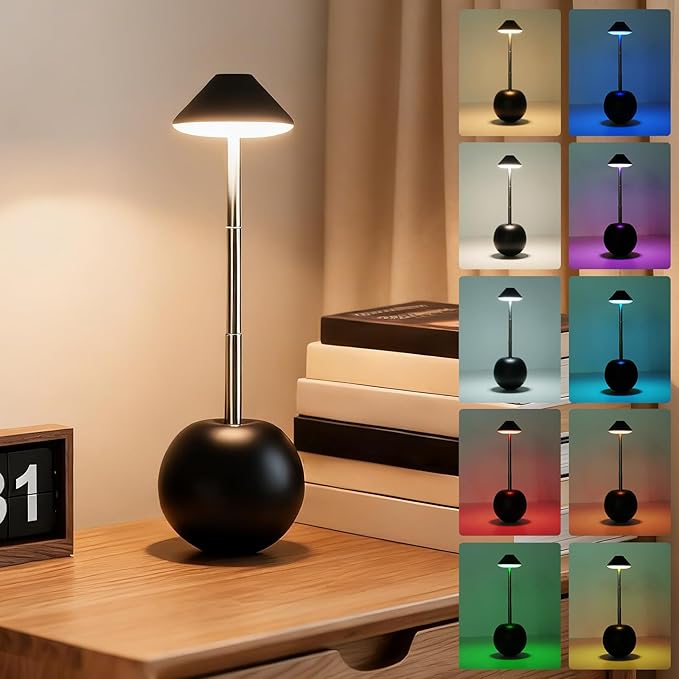 Rechargeable LED Table Light, Tumbler Cordless Table Lamp with 3 Colors & 7 RGB Stepless Dimmable Touch Control Lamps for Patio Restaurant Dining Home Bars (Black)