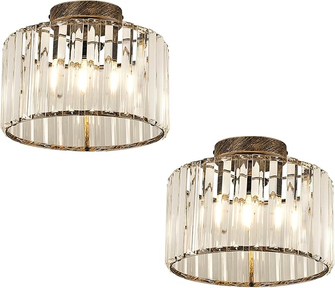 CVKASH 2 Pack Bronze Crystal Semi Flush Mount Ceiling Light Vintage Mini Ceiling Light Fixture Metal Close to Ceiling Lamp for Hallway Kitchen Living Room Bathroom Entryway Bedroom Closet