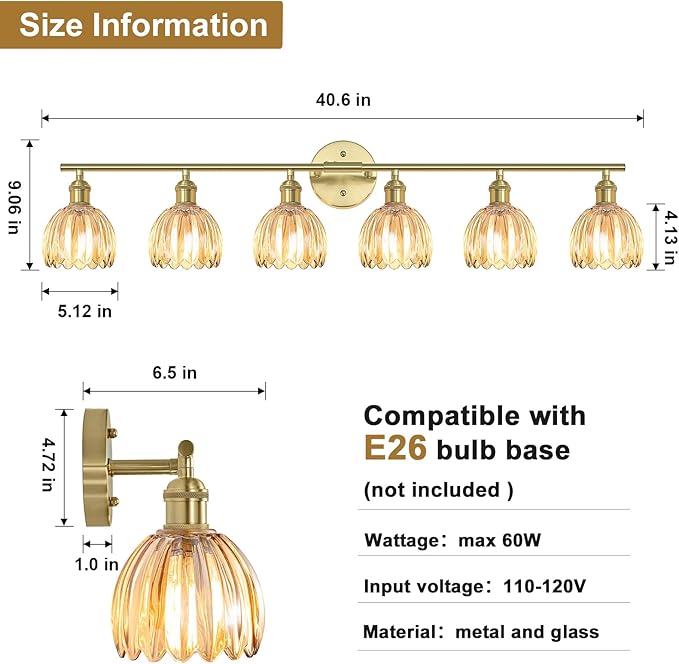 Vintage Bathroom Light Fixtures,6-Light Hardwired Vanity Lights with Amber Tulip Glass Shade,Gold Bathroom Vanity Light for Mirror Restroom,E26 Socket,40.55 in(Bulbs Not Included)