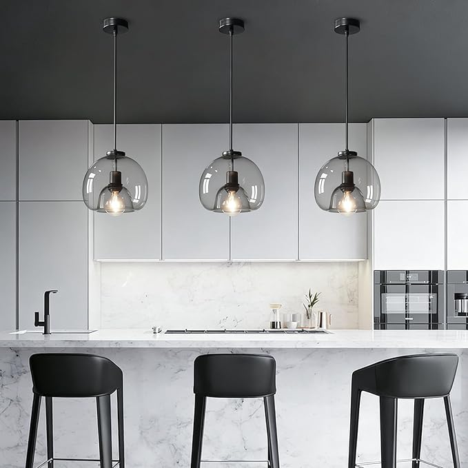 9.1in Large Smoke Glass Pendant Light for Kitchen Island, 3-Pack with Extra LED Bulbs & 4.92ft Adjustable Cord | Modern Minimalist Lighting for Dining Room, Living Room, Entryway