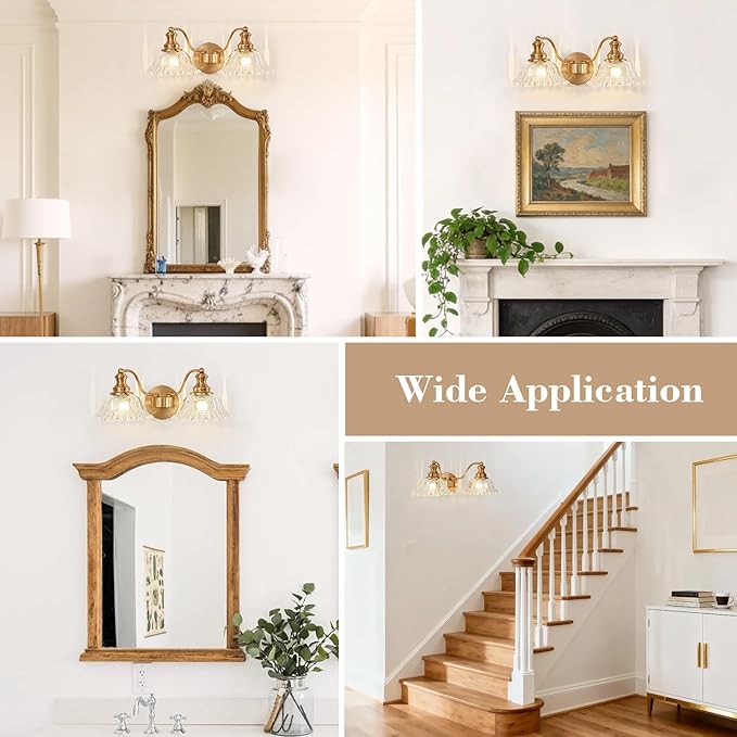 Gold Bathroom Light Fixtures Over Mirror, 2 Light Vintage Bathroom Vanity Light Fixture with Clear Flower Glass Shades, Retro Brass Vanity Lights for Bathroom, Bathroom Vanity Lights Over Mirror