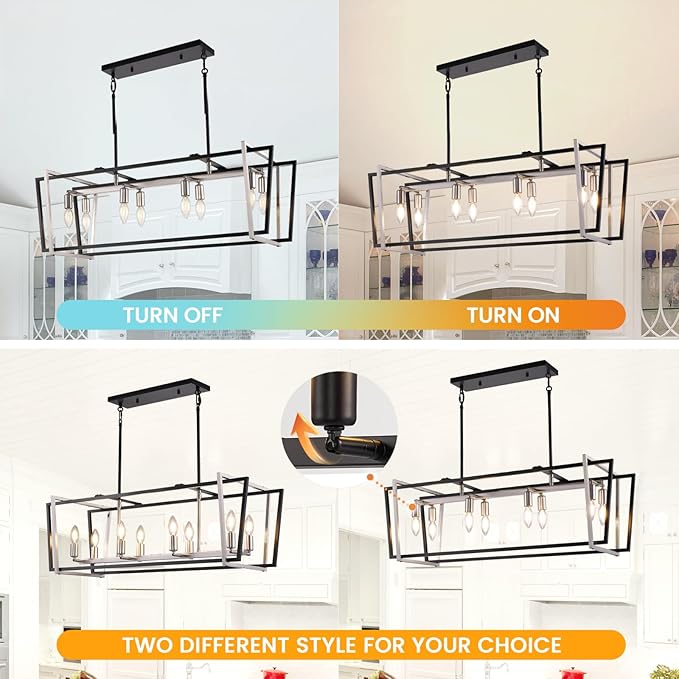 36" Dining Room Light Fixture/Chandelier Over Table, 8-Light Kitchen Island Lighting, Hanging for Farmhouse Linear Chandeliers, Black and Sliver Rectangle Chandeliers for Dining Room,E12 Socket