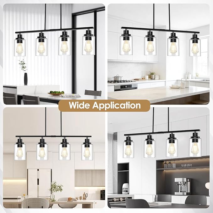 Dining Room Light Fixture, 4-Light Industrial Black Chandeliers for Dining Room, Height-Adjustable Dining Room Light Fixtures Over Table, Dining Room Chandelier Clear Glass Shade for Kitchen Island