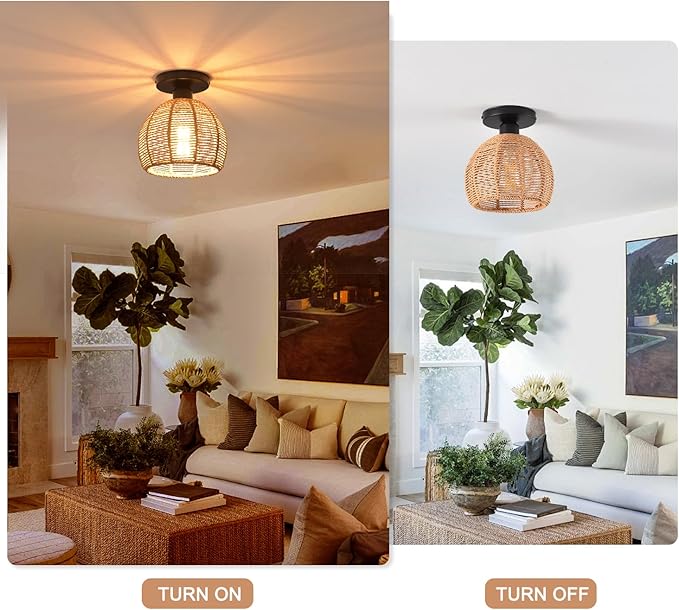 Hand-Woven Rattan Flush Mount Ceiling Light,Farmhouse Light Fixtures Ceiling Mount Boho for Hallway Bedroom Kitchen Entryway Living Room