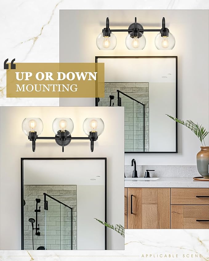 Bathroom Light Fixtures, 3-Light Matte Black Vanity Lights with Globe Clear Glass, Modern Vanity Lighting Fixtures Over Mirror, AD-22280-3W-BK