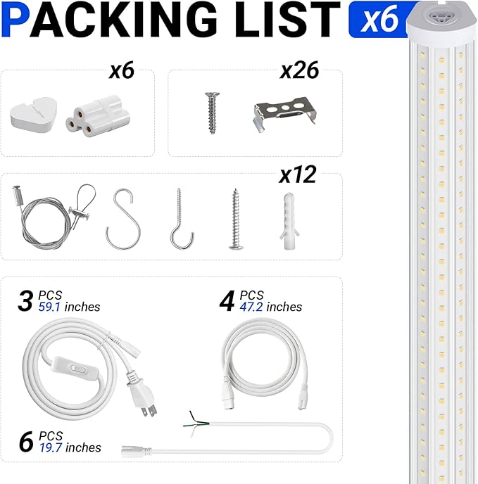 Barrina 8FT LED Shop Light, 140W 17000LM 5000K, U-Shaped 3 Rows LED Garage Lights, Linkable, Hanging & Flush Mount, 8 Foot Commercial LED Shop Lights for Garage, Workshop, Kitchen, 6 Packs, Silver