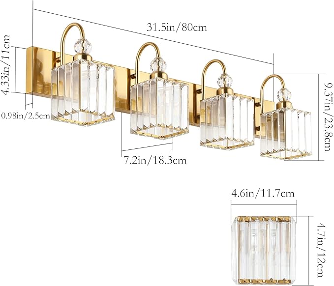 Ralbay Crystal Gold Bathroom Vanity Lights 4-Lights Vanity Lights Over Mirror Modern Crystal Gold Bathroom Wall Lighting Fixtures