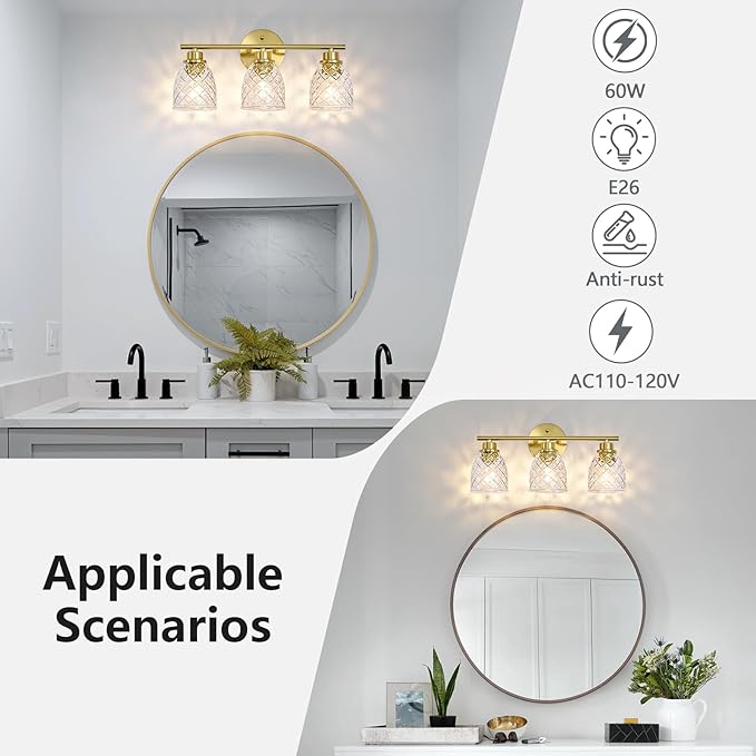 3-Light Bathroom Light Fixtures, Modern Brushed Gold Vanity Light Over Mirror, Wall Sconce with Clear Hammered Glass Shades, E26 Base (Bulbs Not Included)