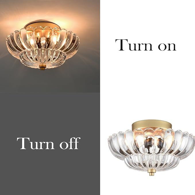 HYDELITE Gold Ceiling Light Fixture Bedroom Semi Flush Mount Ceiling Light Fixtures for Entryway Bathroom Living Room Proch with Scalloped Clear Glass